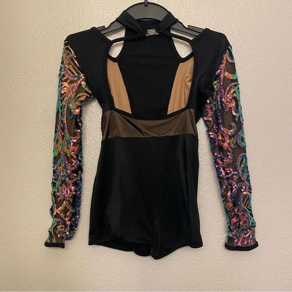 Curtain Call Dance Costume flying solo black sequin leotard J5513 CLA LC child